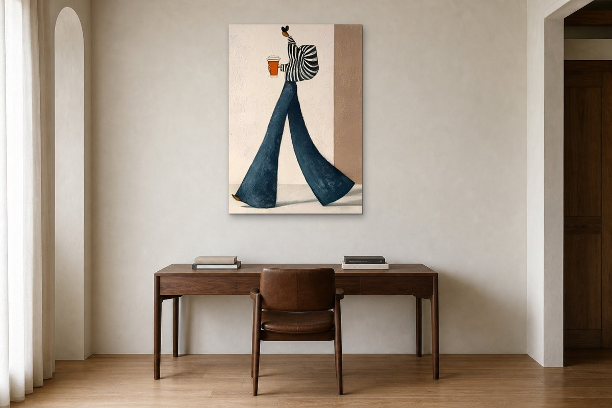 The Coffee Run shown at 75 × 100 cm above a 160 cm walnut desk