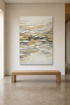 Golden Tide shown at 120 × 180 cm above a 180 cm oak bench