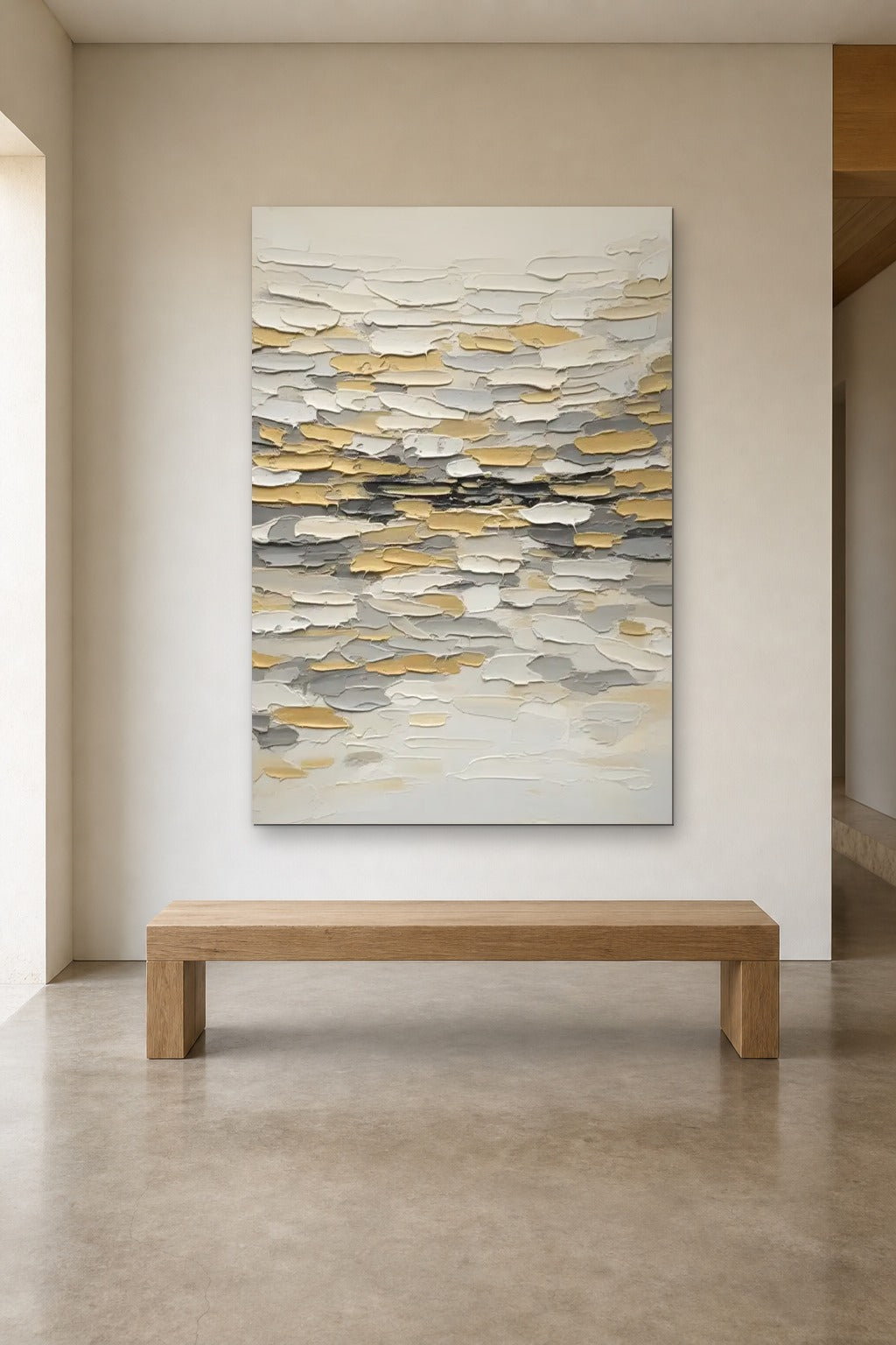 Golden Tide shown at 120 × 180 cm above a 180 cm oak bench