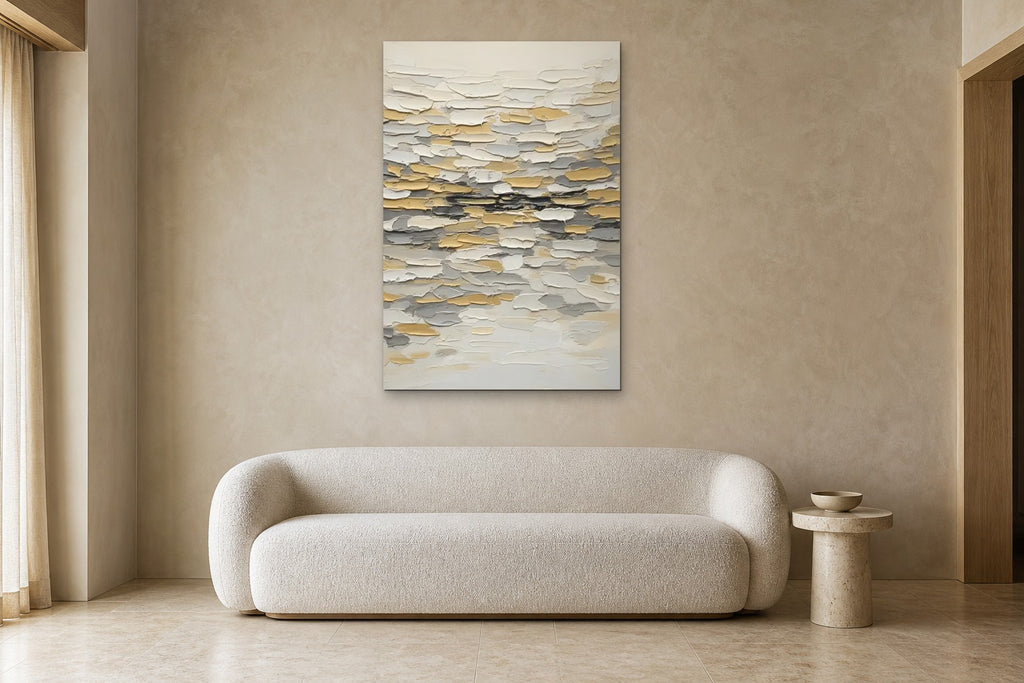 Golden Tide shown at 90 × 130 cm above a 220 cm boucle sofa