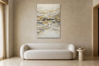 Golden Tide shown at 90 × 130 cm above a 220 cm boucle sofa