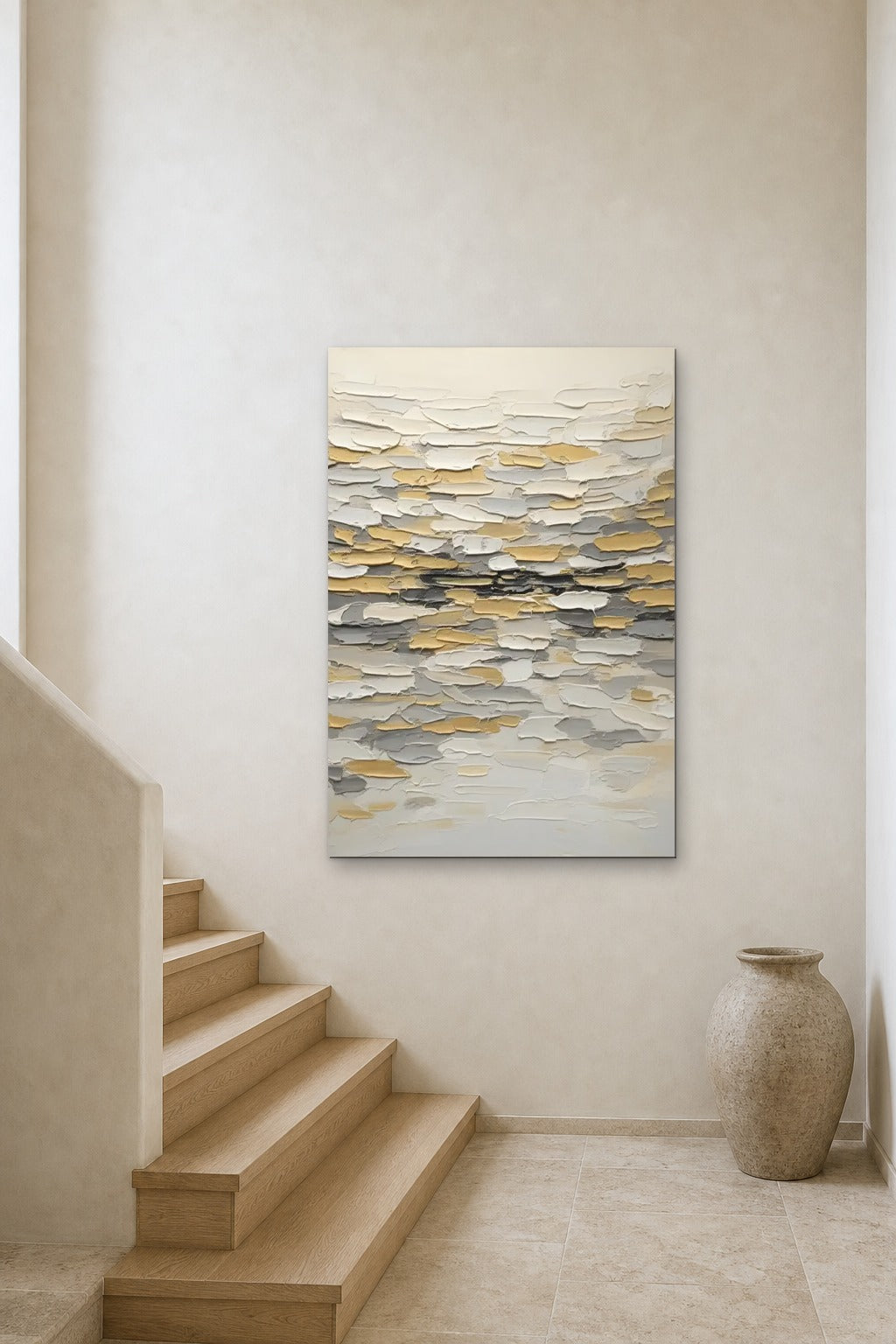 Golden Tide shown at 90 × 130 cm above a stair landing