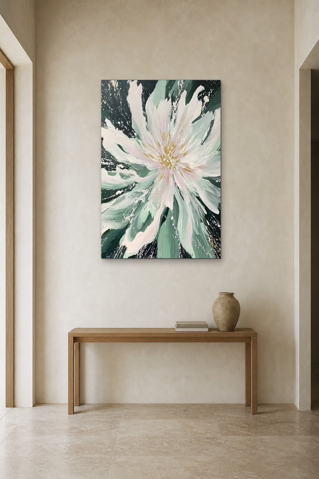 Pale Chrysanthemum shown at 90 × 130 cm above a 140 cm oak console