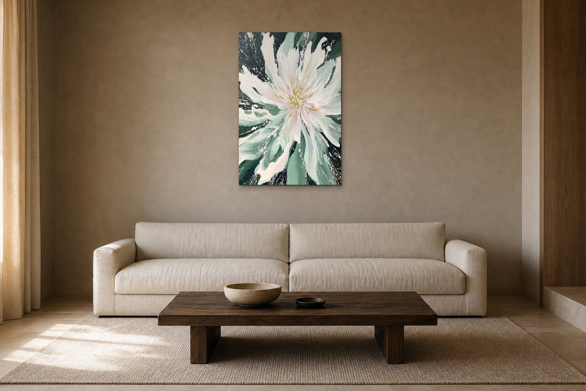 Pale Chrysanthemum shown at 60 × 90 cm above a 230 cm linen sofa