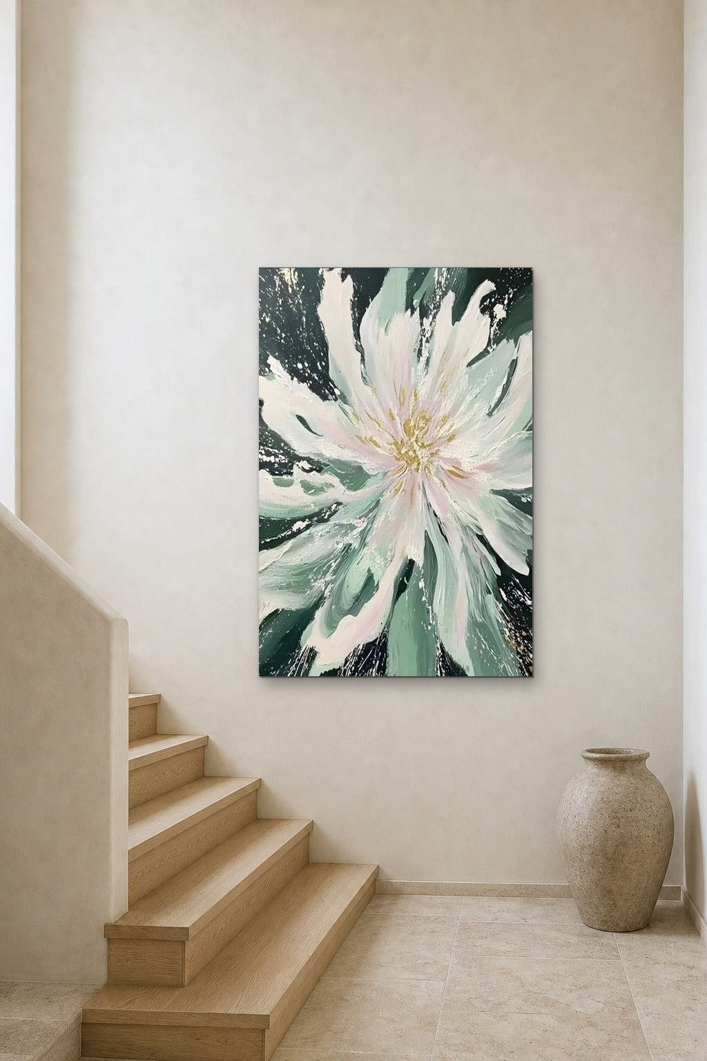 Pale Chrysanthemum shown at 90 × 130 cm above a stair landing