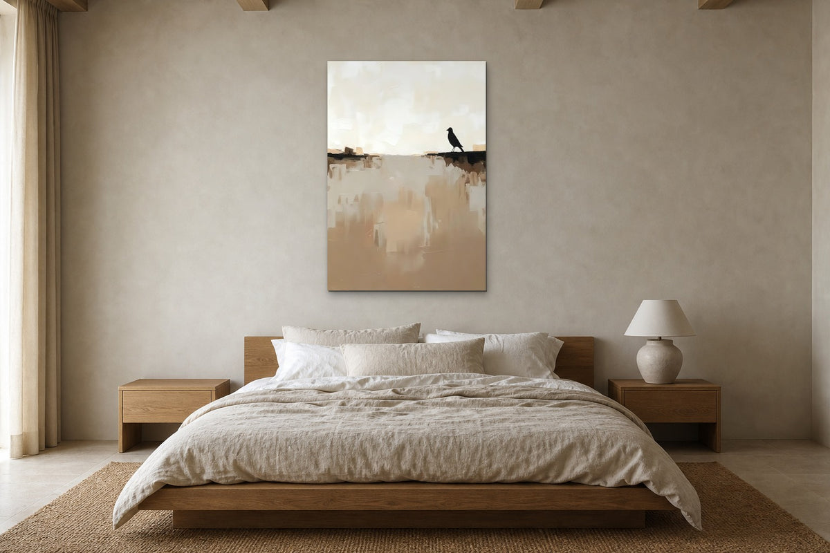The Blackbird shown at 90 × 130 cm above a 180 cm oak bed