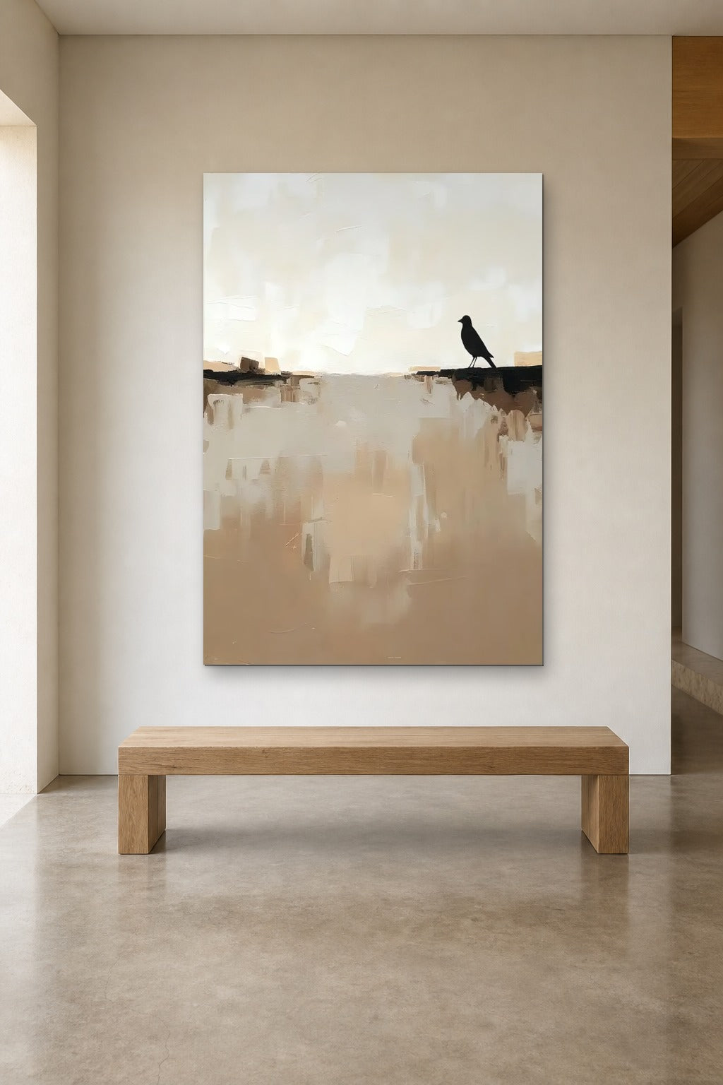The Blackbird shown at 120 × 180 cm above a 180 cm oak bench