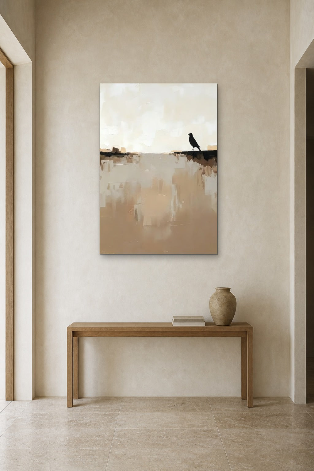 The Blackbird shown at 90 × 130 cm above a 140 cm oak console