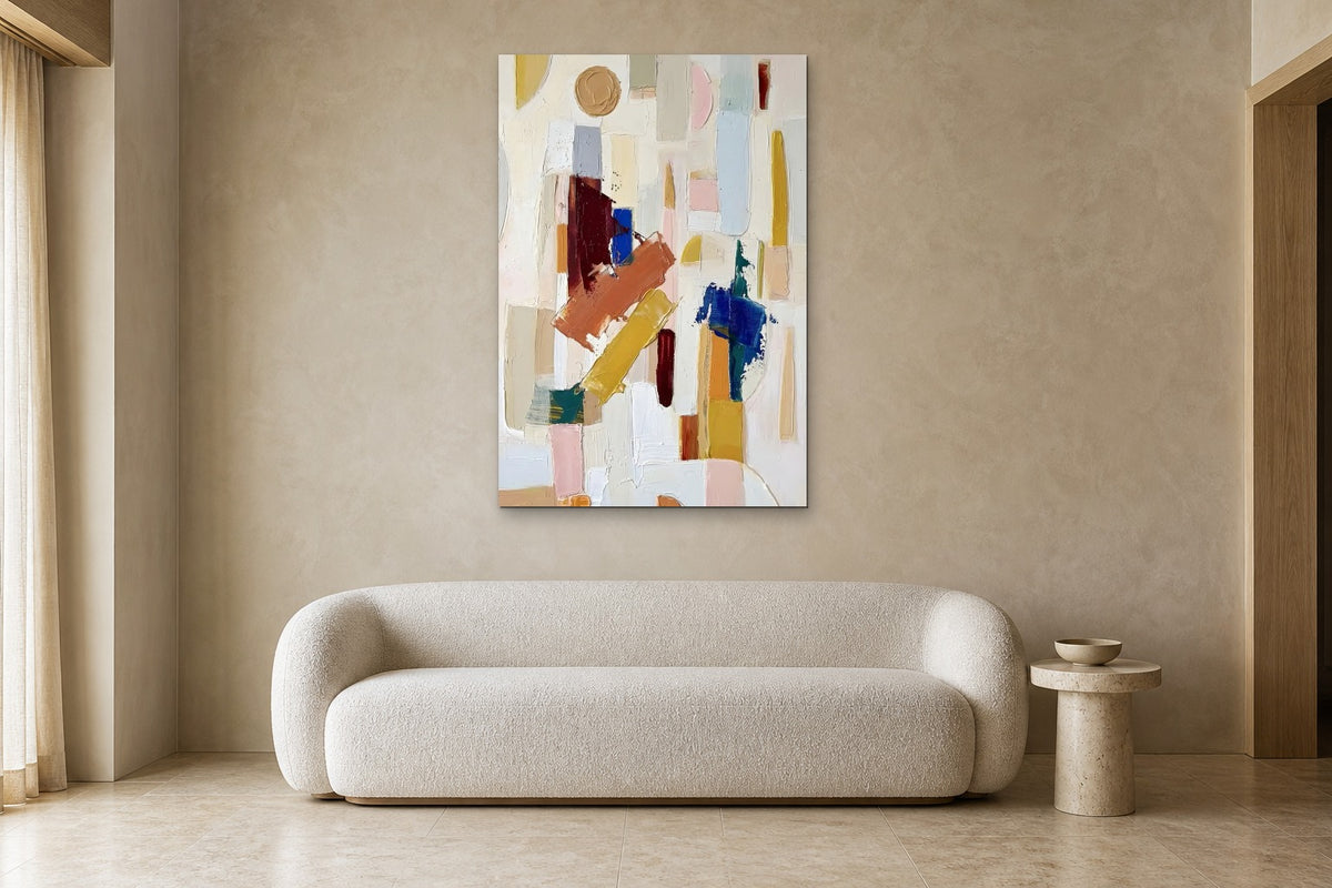 Confetti shown at 90 × 130 cm above a 220 cm boucle sofa
