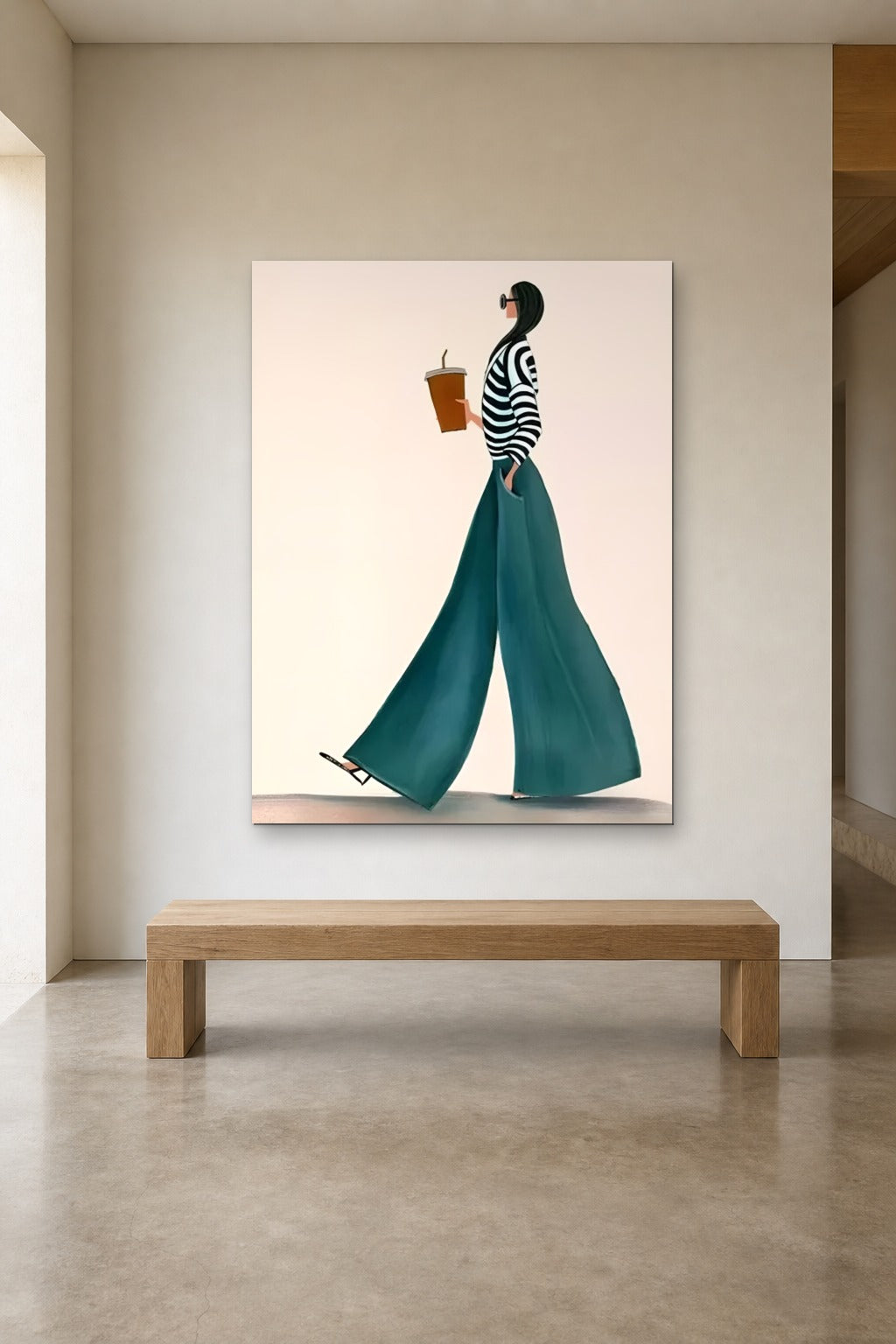 Teal Stride shown at 120 × 160 cm above a 180 cm oak bench