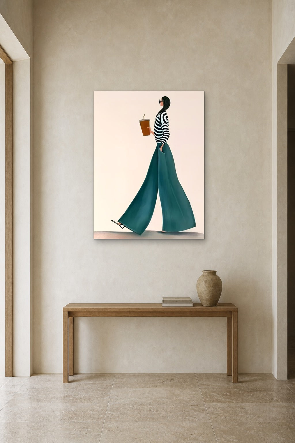Teal Stride shown at 90 × 120 cm above a 140 cm oak console