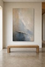 Blue Haze shown at 120 × 180 cm above a 180 cm oak bench