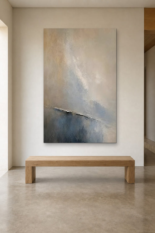 Blue Haze shown at 120 × 180 cm above a 180 cm oak bench