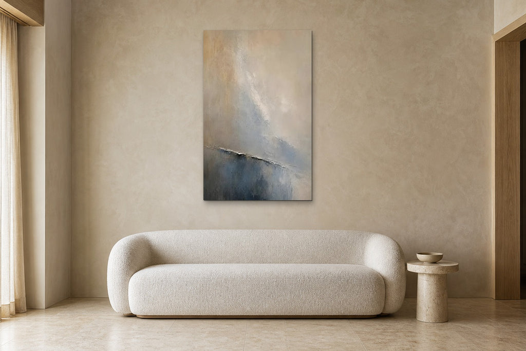 Blue Haze shown at 80 × 130 cm above a 220 cm boucle sofa