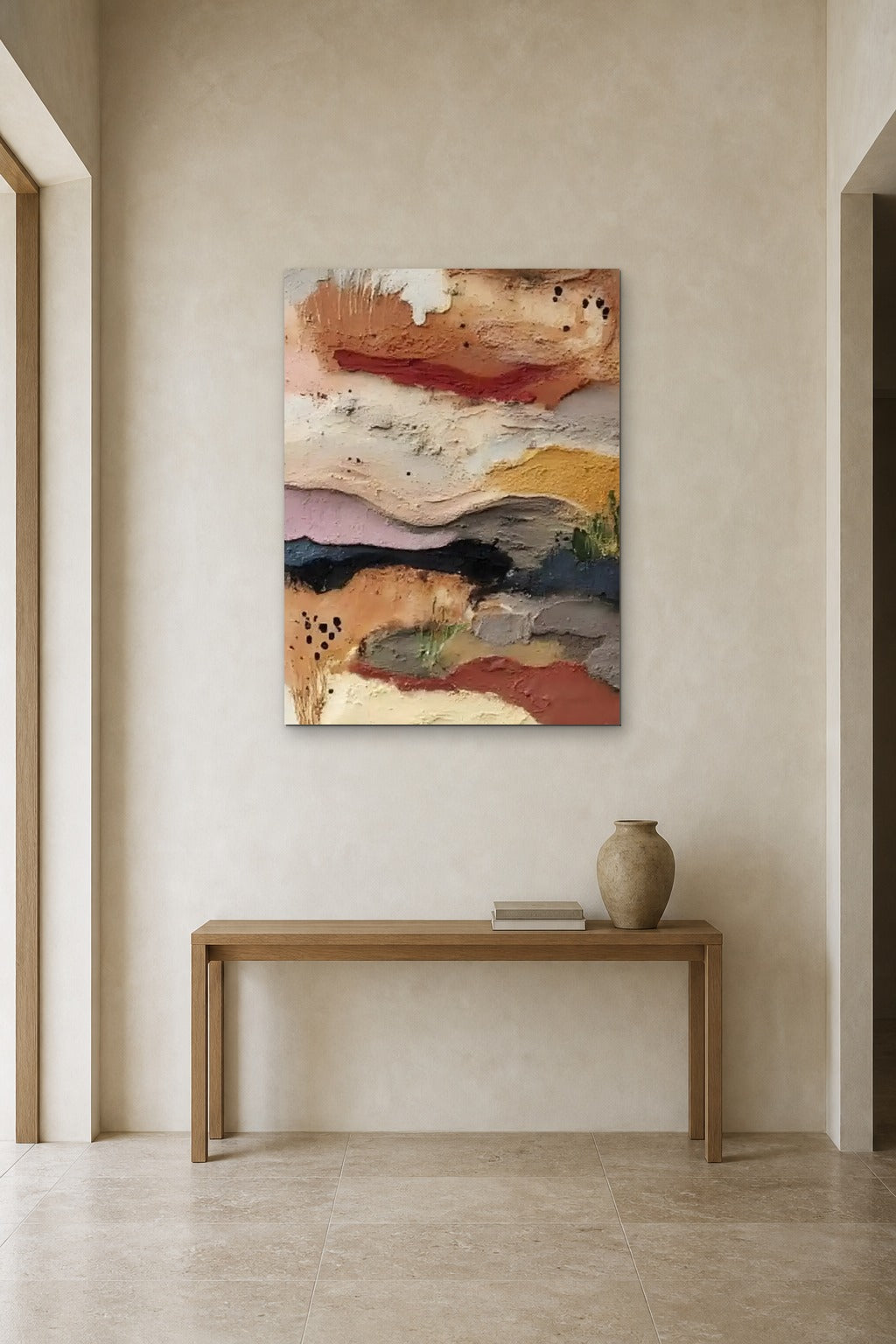 Desert Strata shown at 90 × 130 cm above a 140 cm oak console