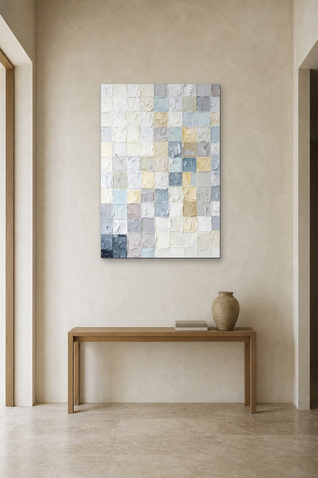 Pastel Mosaic shown at 90 × 130 cm above a 140 cm oak console