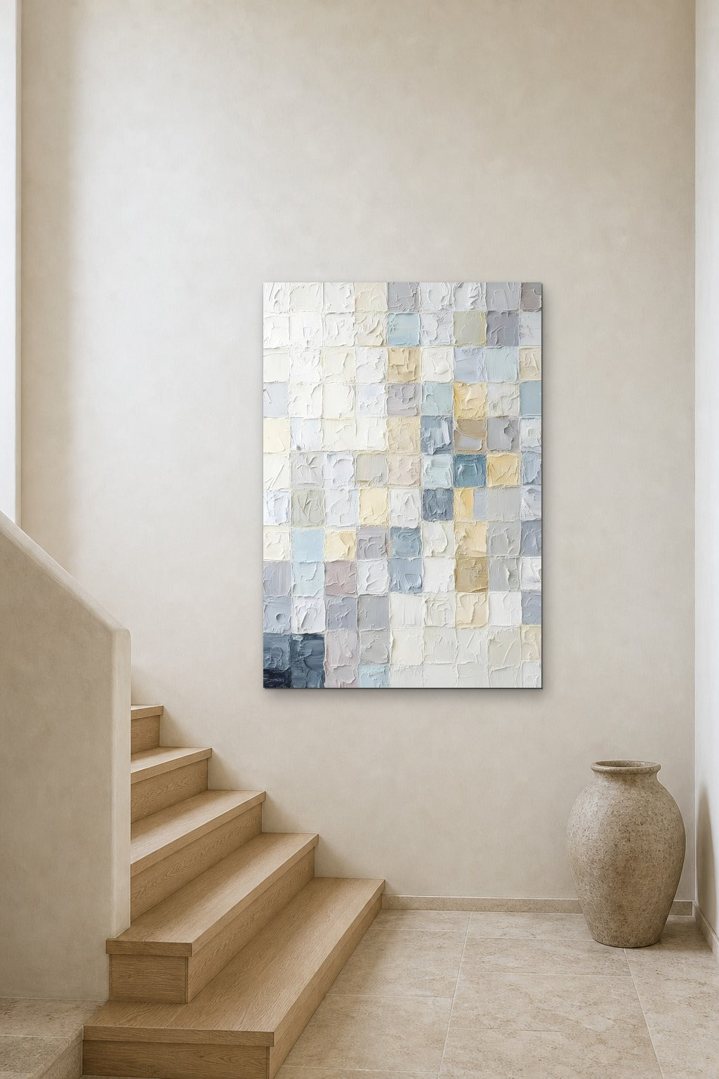 Pastel Mosaic shown at 90 × 130 cm above a stair landing