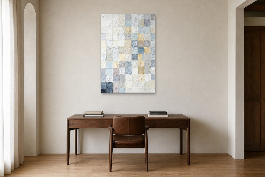 Pastel Mosaic shown at 70 × 100 cm above a 160 cm walnut desk