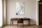 Pastel Mosaic shown at 70 × 100 cm above a 160 cm walnut desk