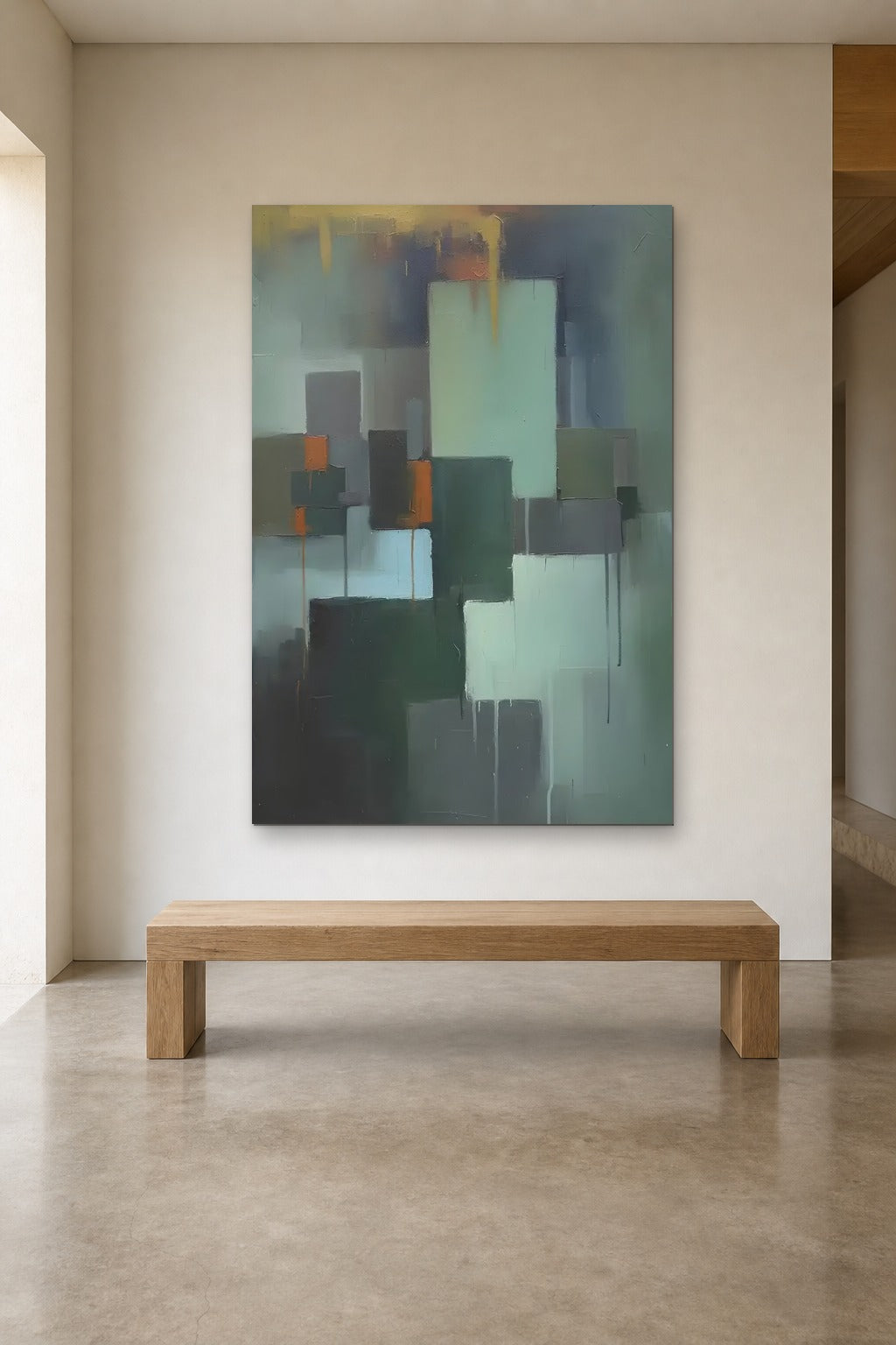 Green Rooms shown at 120 × 180 cm above a 180 cm oak bench