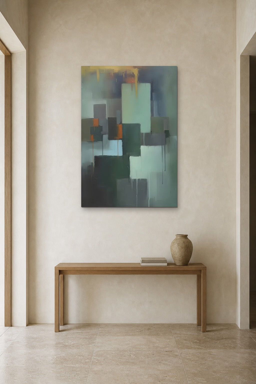 Green Rooms shown at 90 × 130 cm above a 140 cm oak console