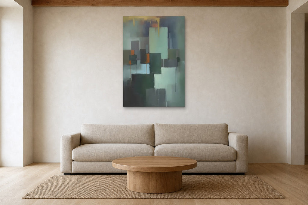 Green Rooms shown at 80 × 120 cm above a 240 cm linen sofa