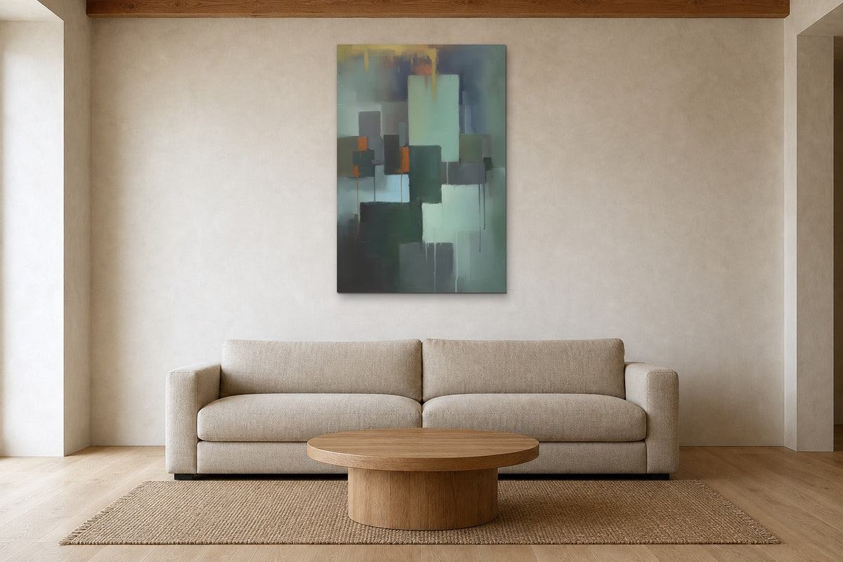 Green Rooms shown at 80 × 120 cm above a 240 cm linen sofa