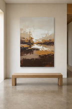 Amber Horizon shown at 120 × 180 cm above a 180 cm oak bench