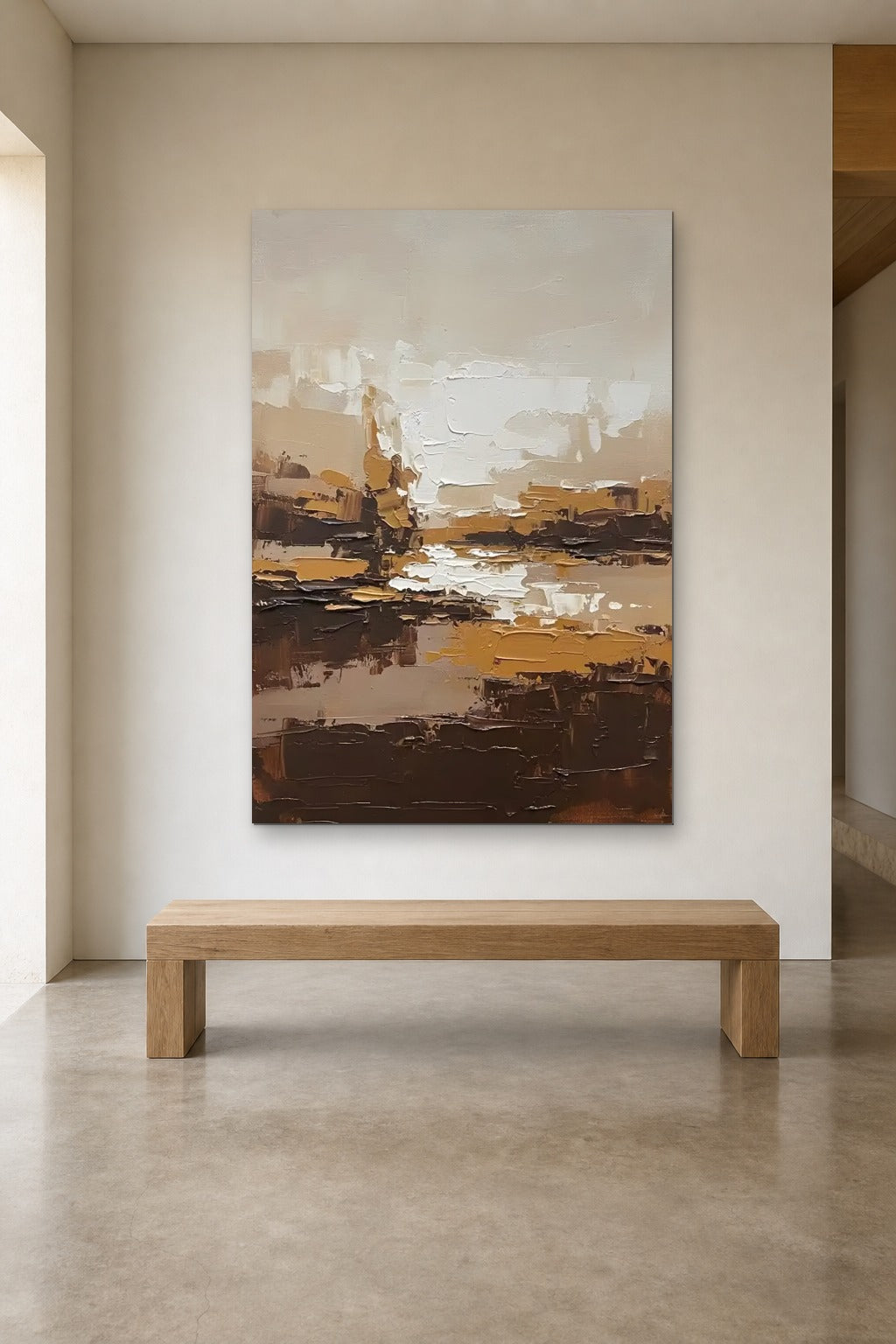 Amber Horizon shown at 120 × 180 cm above a 180 cm oak bench