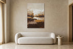 Amber Horizon shown at 90 × 130 cm above a 220 cm boucle sofa