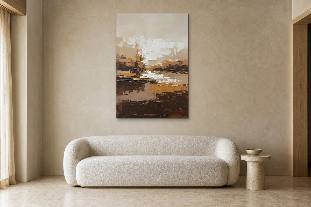 Amber Horizon shown at 90 × 130 cm above a 220 cm boucle sofa
