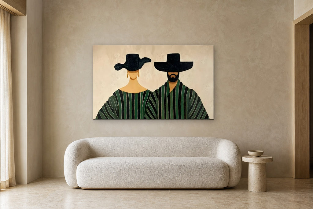 Side by Side shown at 150 × 100 cm above a 220 cm boucle sofa