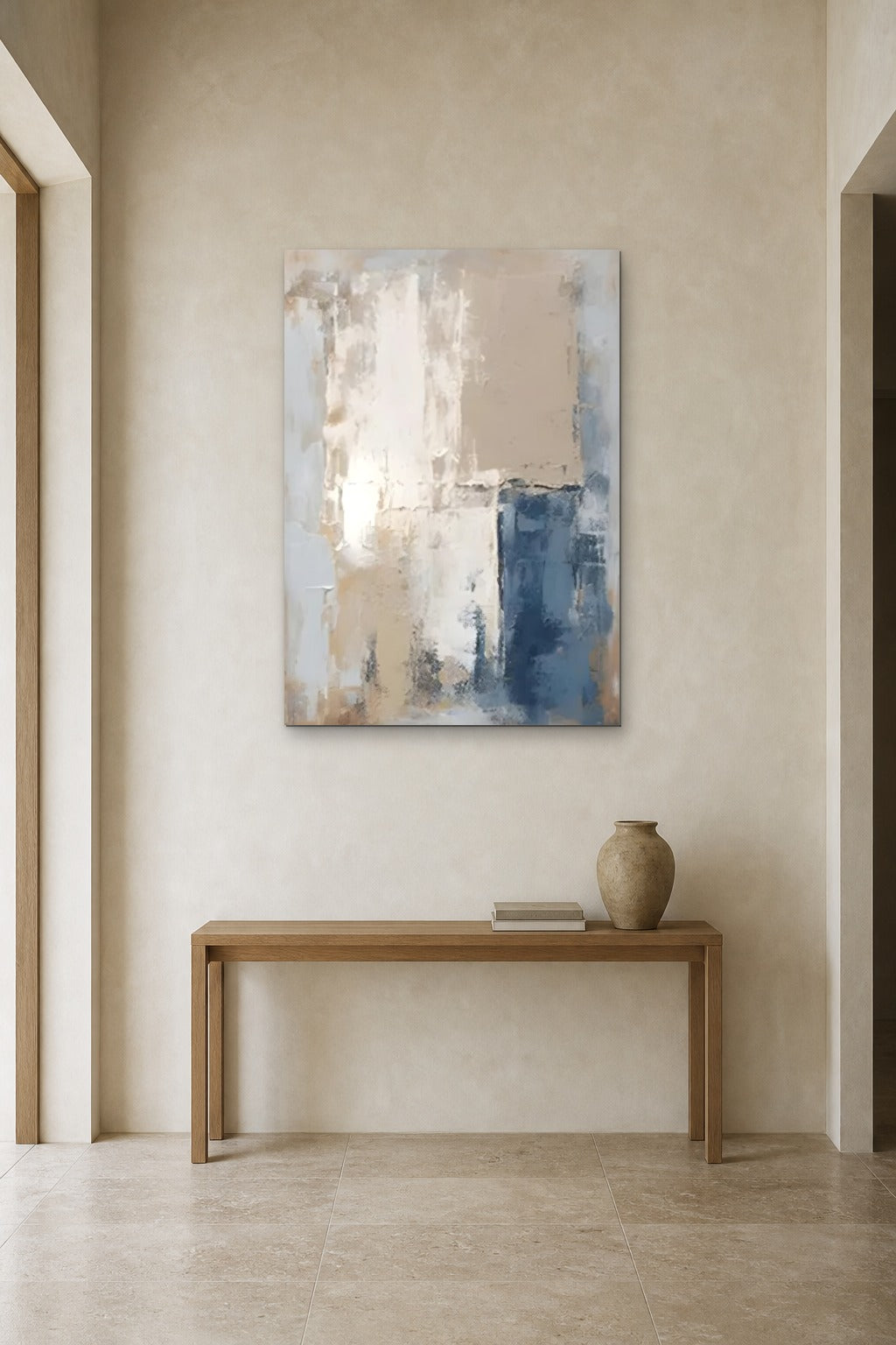 Indigo Corner shown at 90 × 120 cm above a 140 cm oak console
