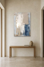 Indigo Corner shown at 90 × 120 cm above a 140 cm oak console