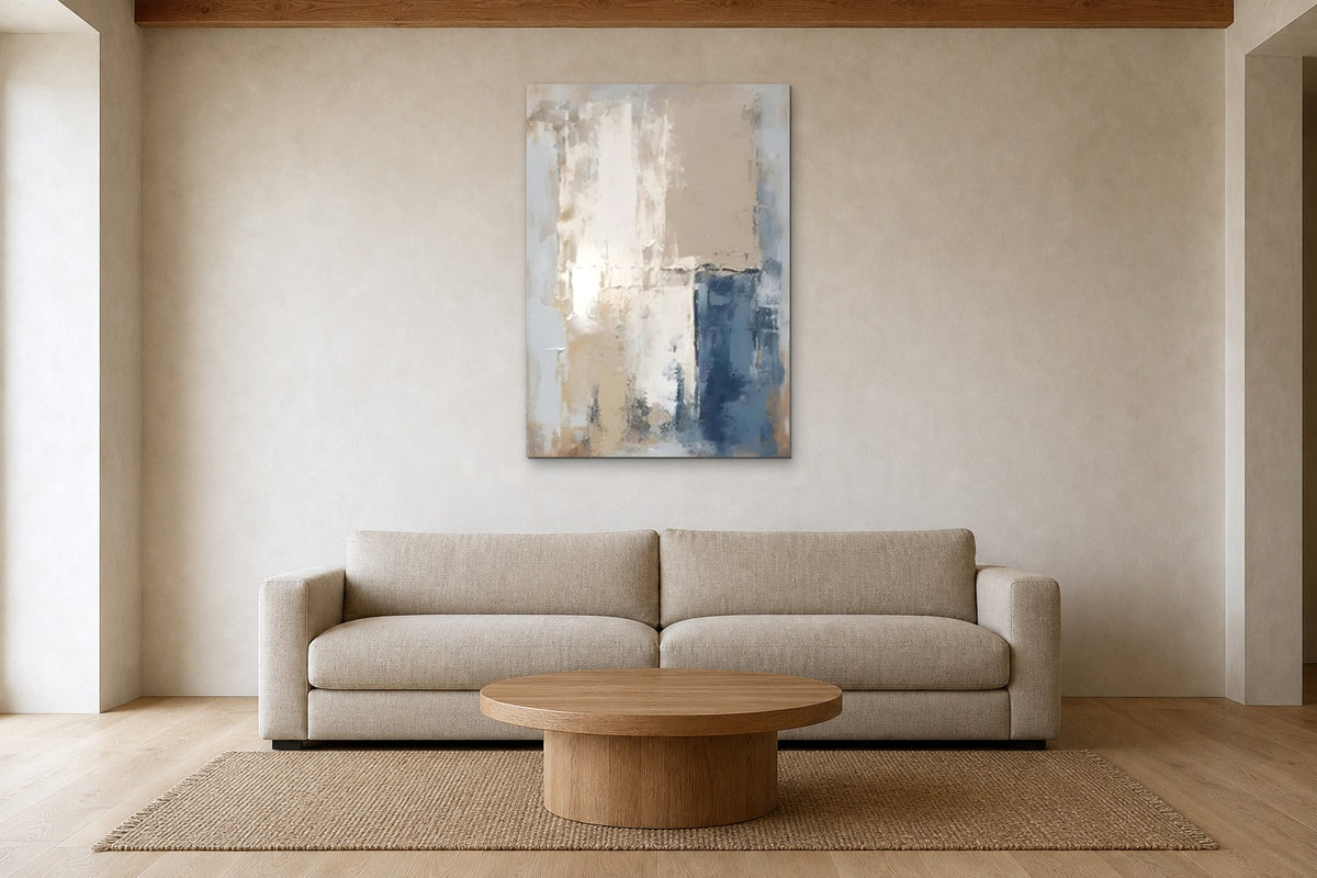 Indigo Corner shown at 80 × 120 cm above a 240 cm linen sofa