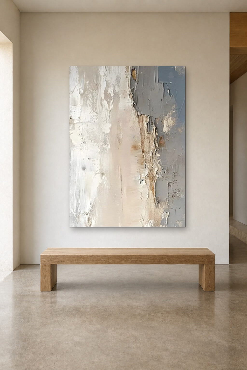 Peeling Plaster shown at 120 × 180 cm above a 180 cm oak bench