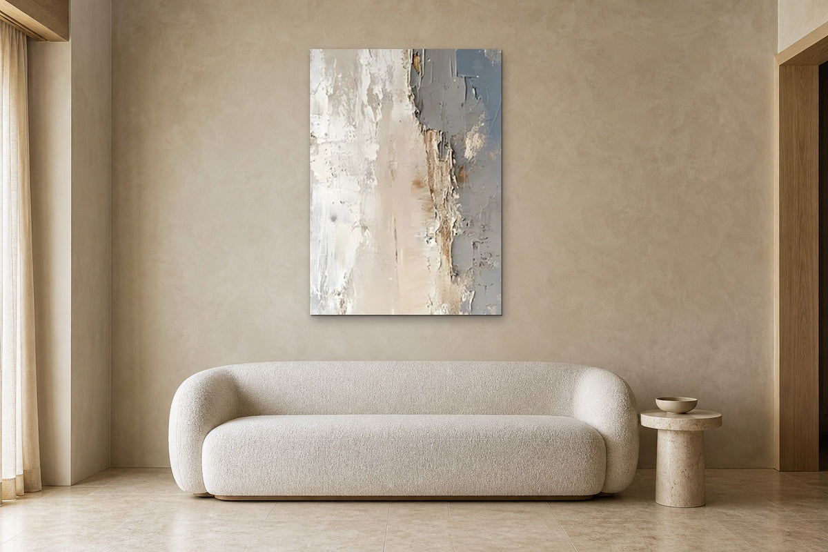 Peeling Plaster shown at 90 × 130 cm above a 220 cm boucle sofa