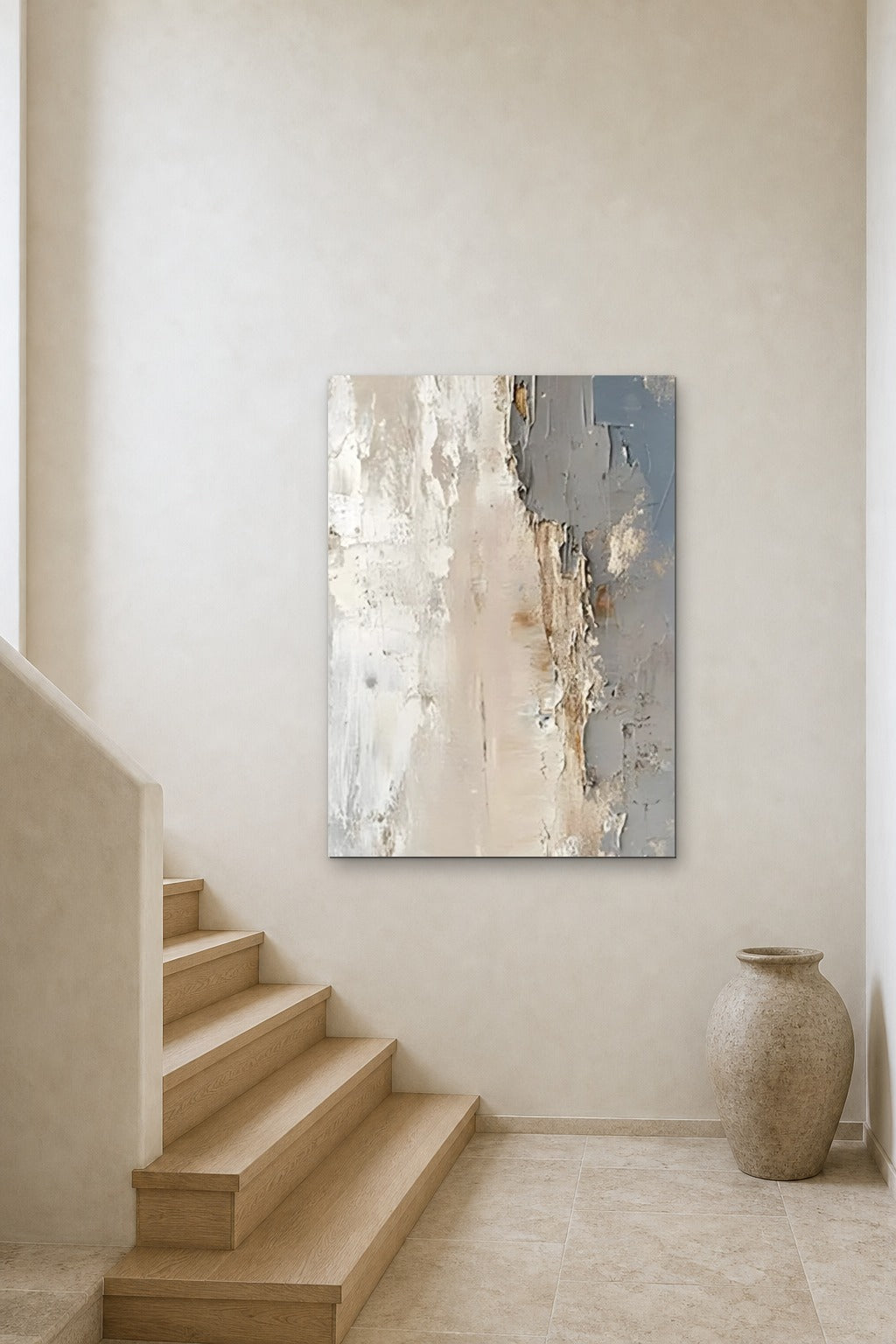 Peeling Plaster shown at 90 × 130 cm above a stair landing