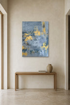 Blue and Saffron shown at 90 × 130 cm above a 140 cm oak console