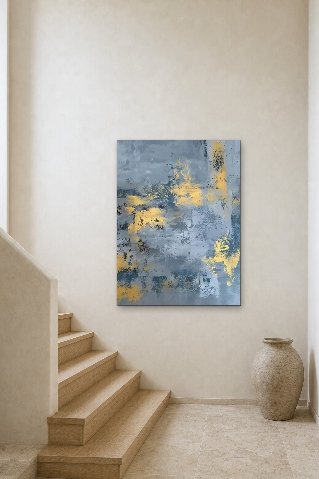 Blue and Saffron shown at 90 × 130 cm above a stair landing