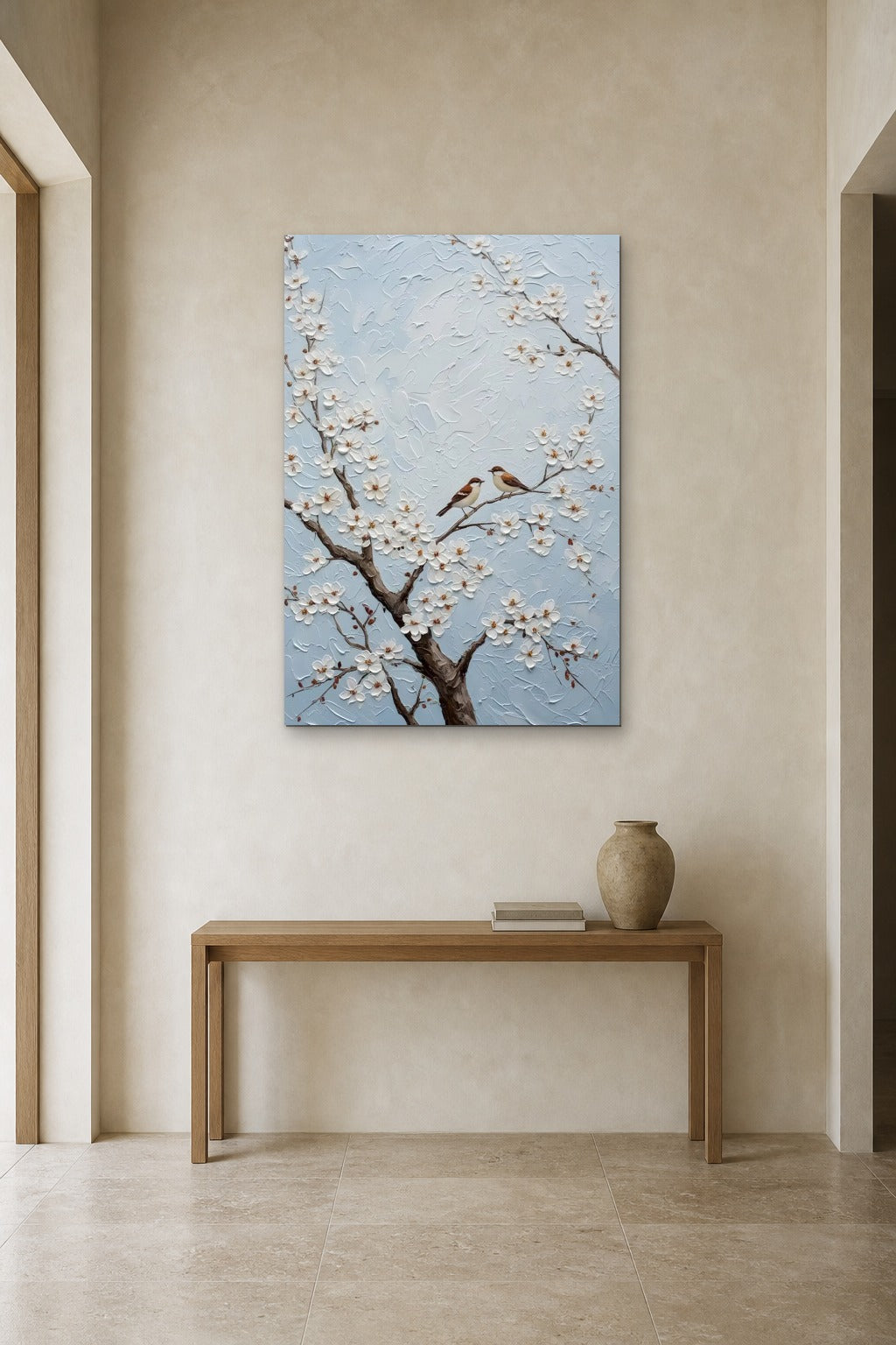 Blossom and Sparrows shown at 90 × 130 cm above a 140 cm oak console