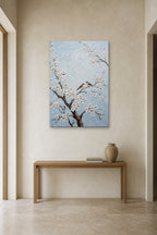 Blossom and Sparrows shown at 90 × 130 cm above a 140 cm oak console