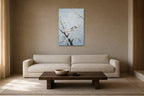 Blossom and Sparrows shown at 60 × 90 cm above a 230 cm linen sofa
