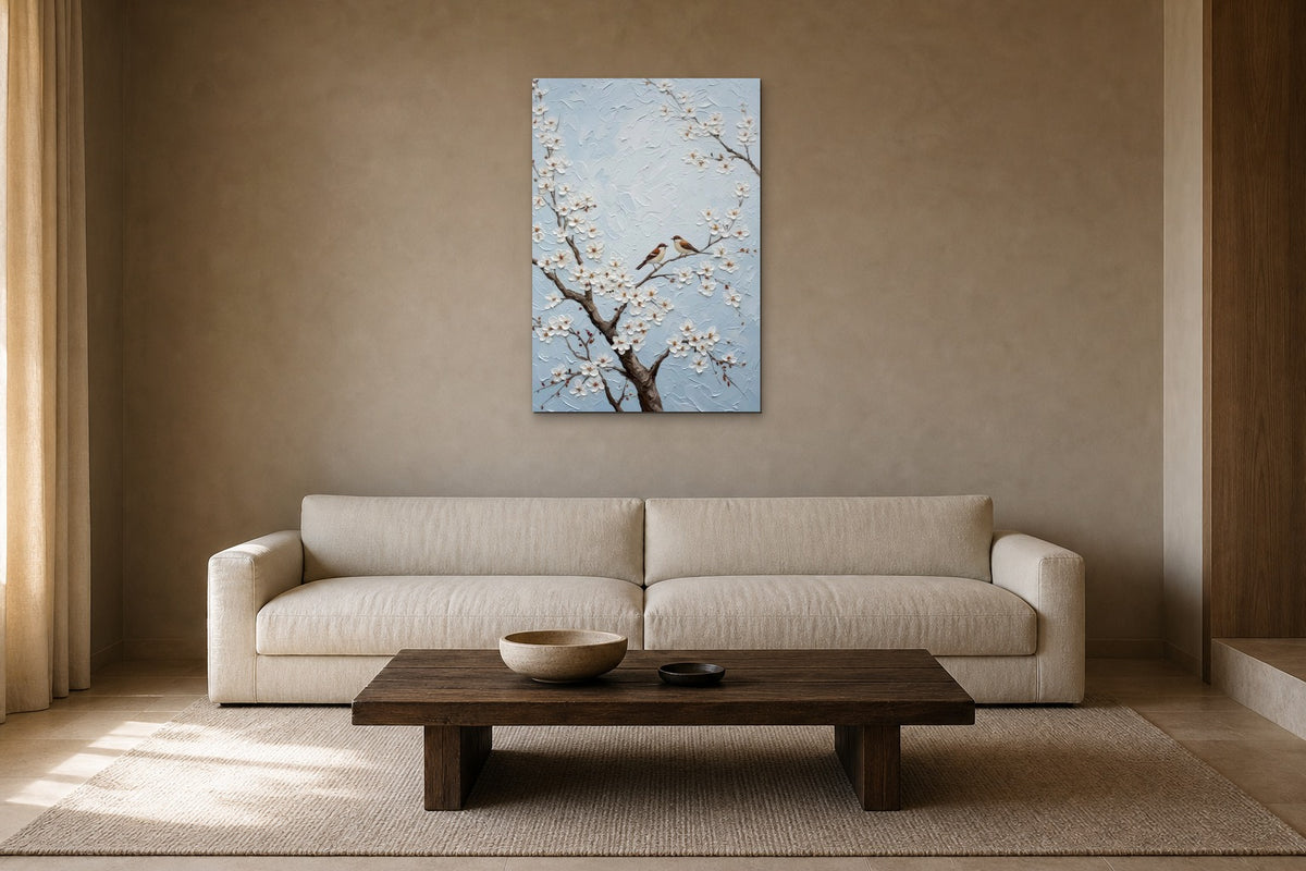 Blossom and Sparrows shown at 60 × 90 cm above a 230 cm linen sofa