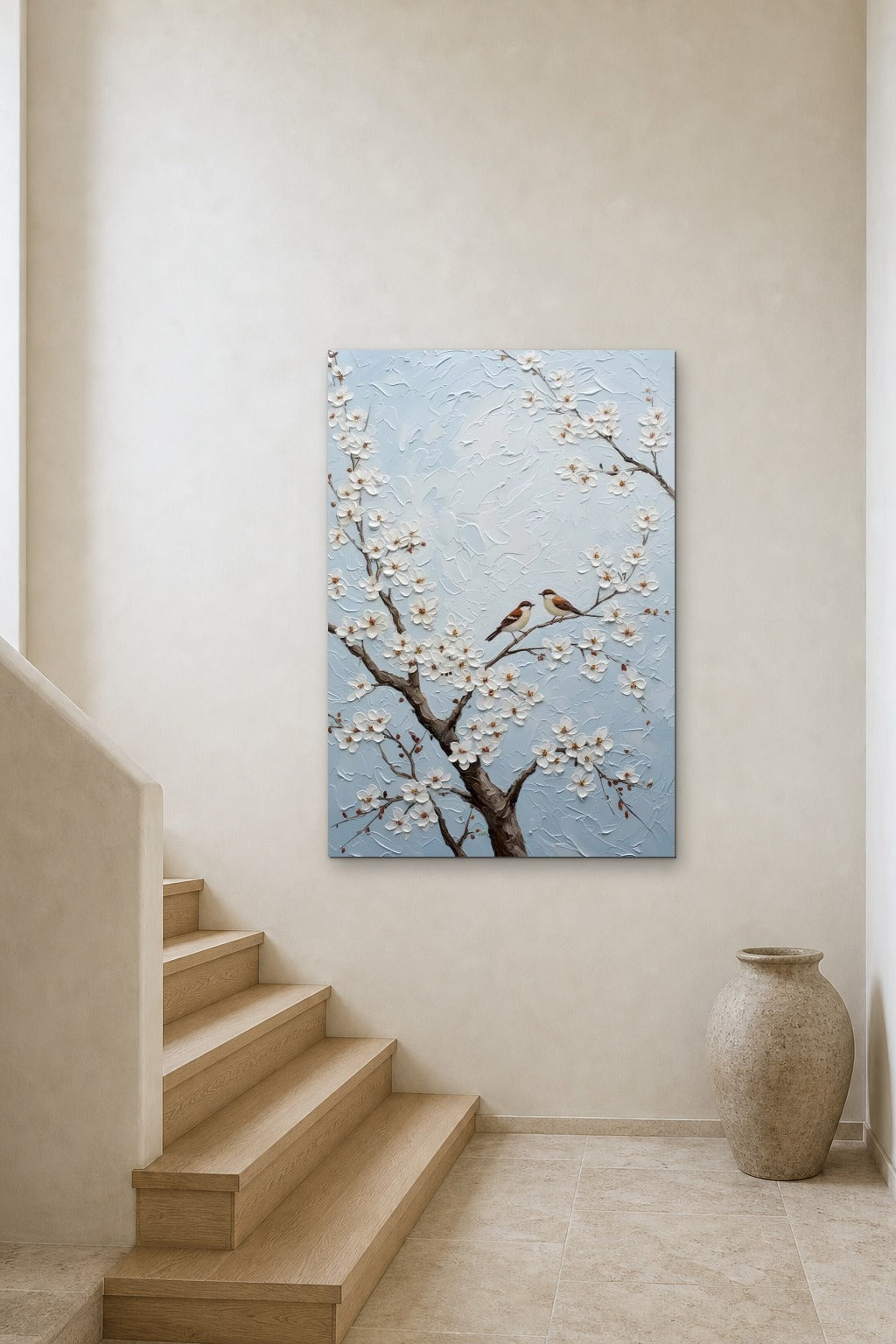 Blossom and Sparrows shown at 90 × 130 cm above a stair landing