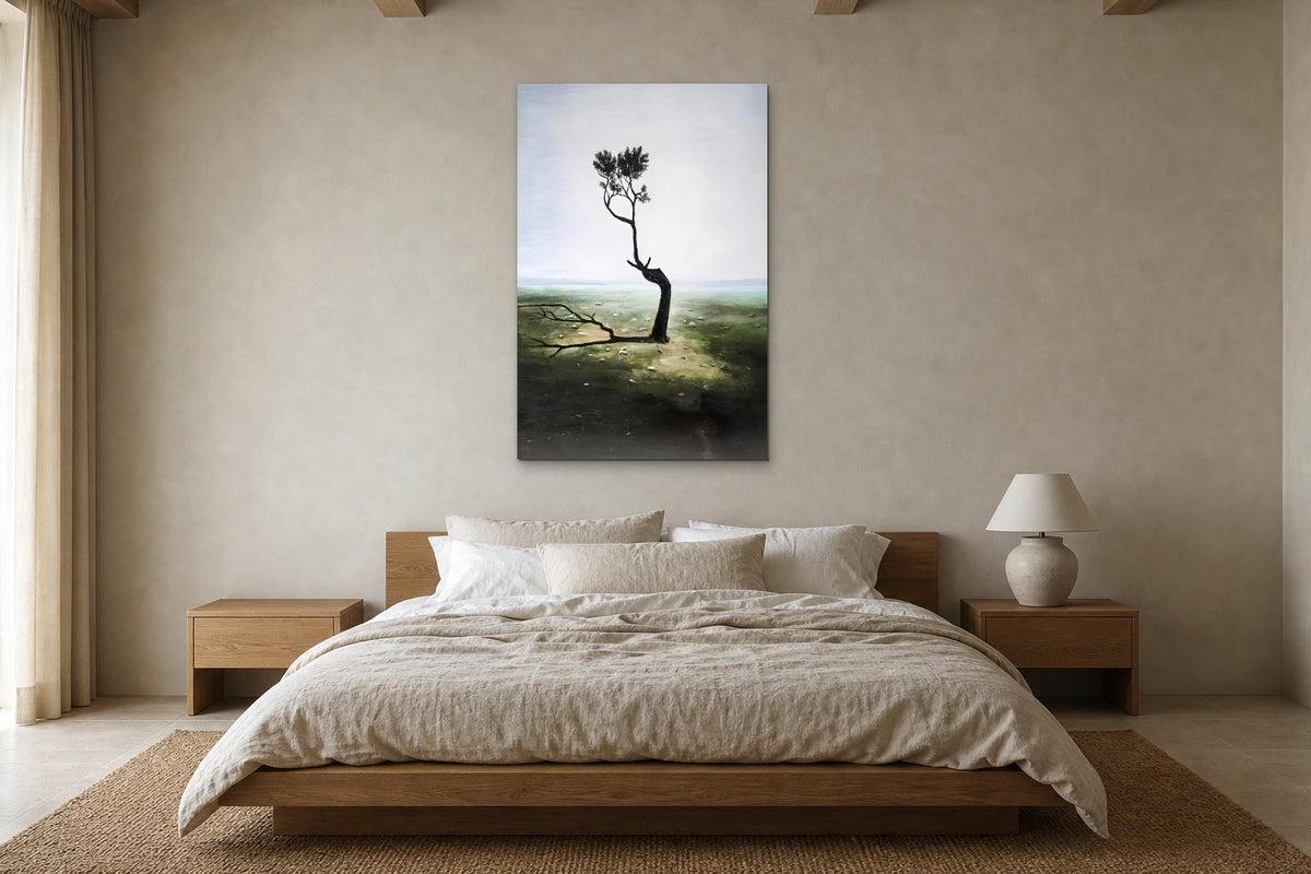 The Lone Tree shown at 90 × 130 cm above a 180 cm oak bed