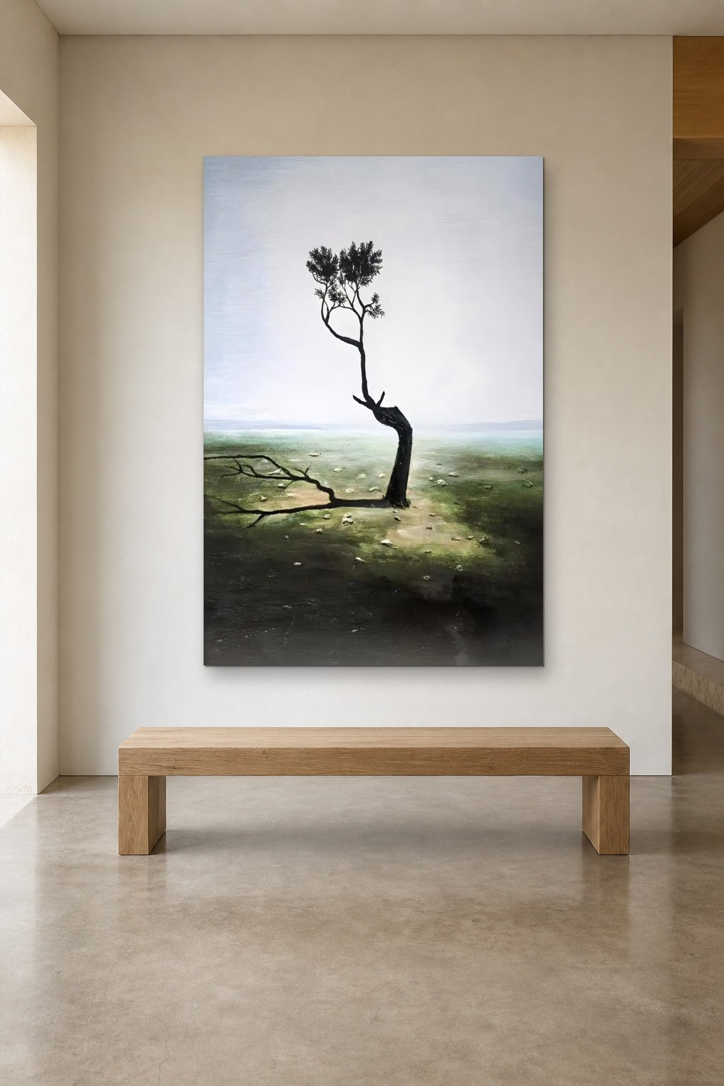 The Lone Tree shown at 120 × 180 cm above a 180 cm oak bench