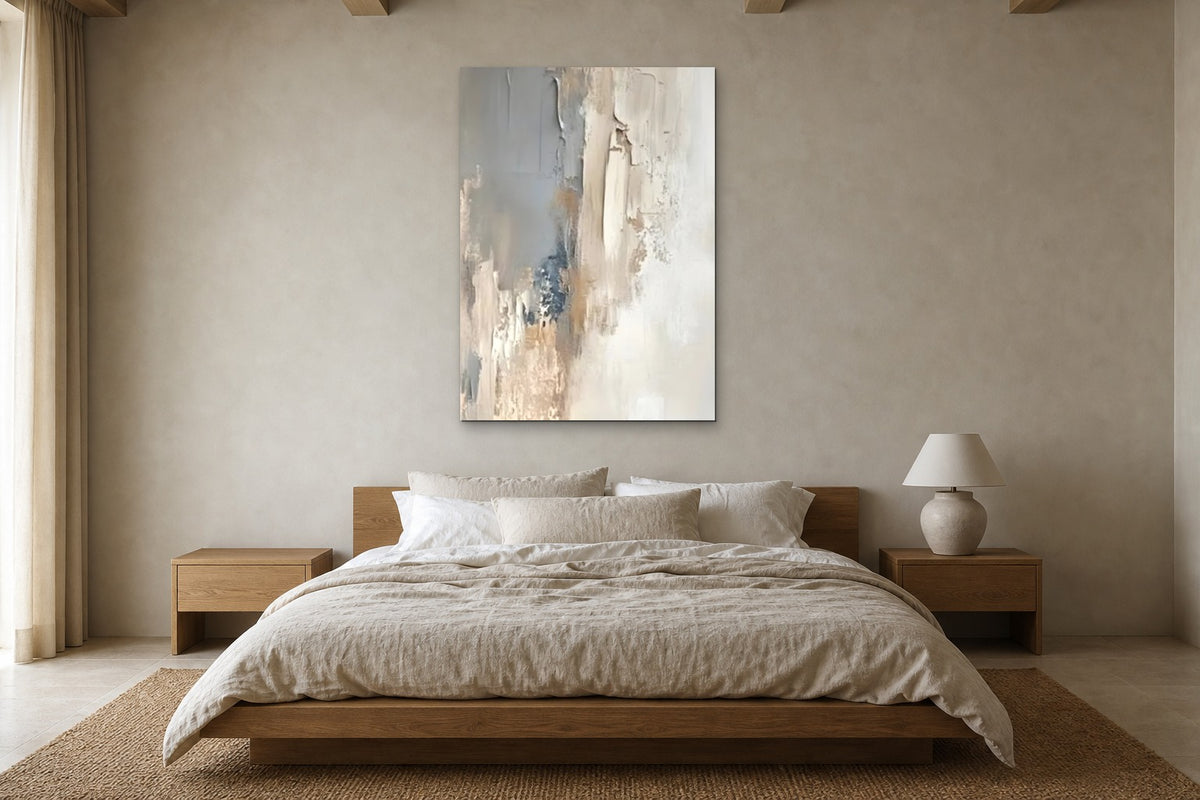 Grey Veil shown at 100 × 150 cm above a 180 cm oak bed