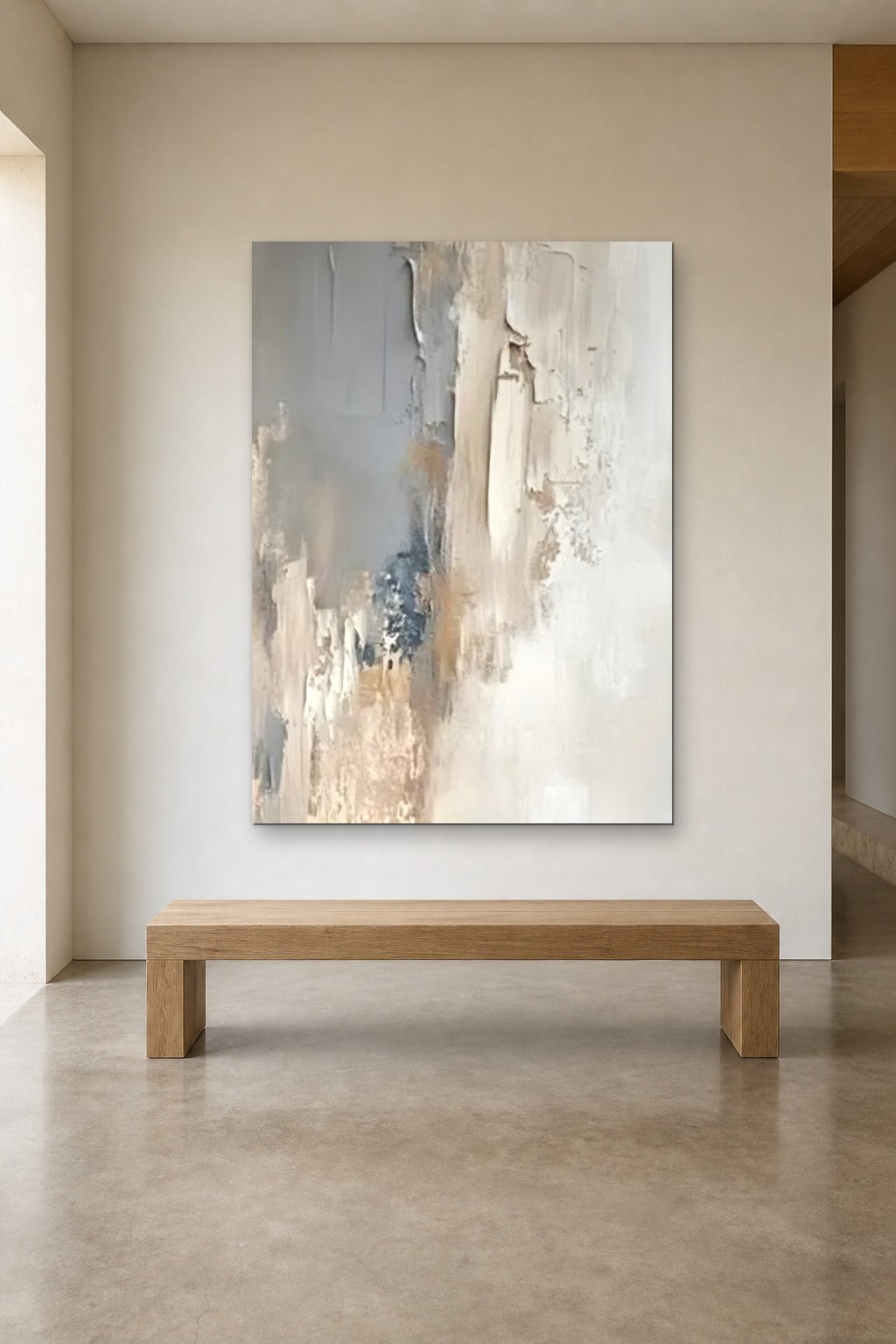Grey Veil shown at 120 × 180 cm above a 180 cm oak bench