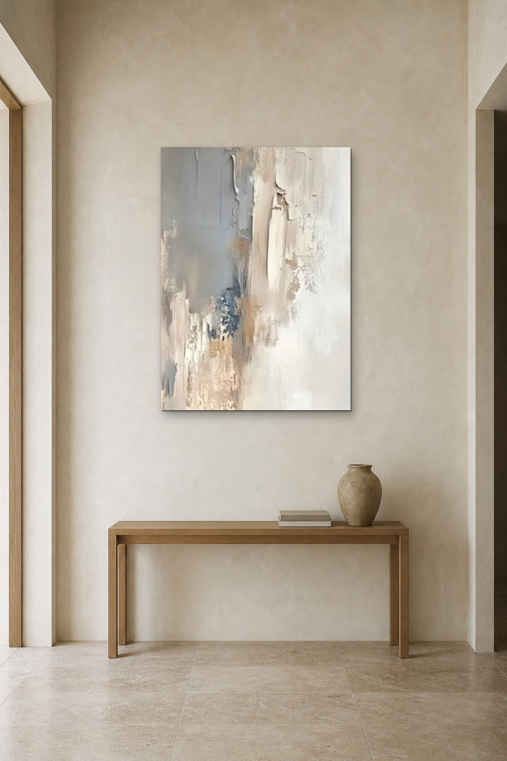 Grey Veil shown at 90 × 130 cm above a 140 cm oak console